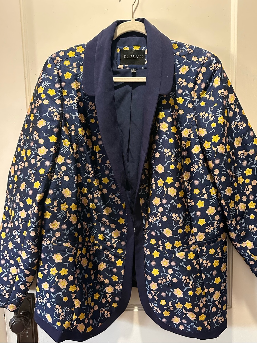 Eloquii Navy Floral Brocade Blazer with Shawl Lapel